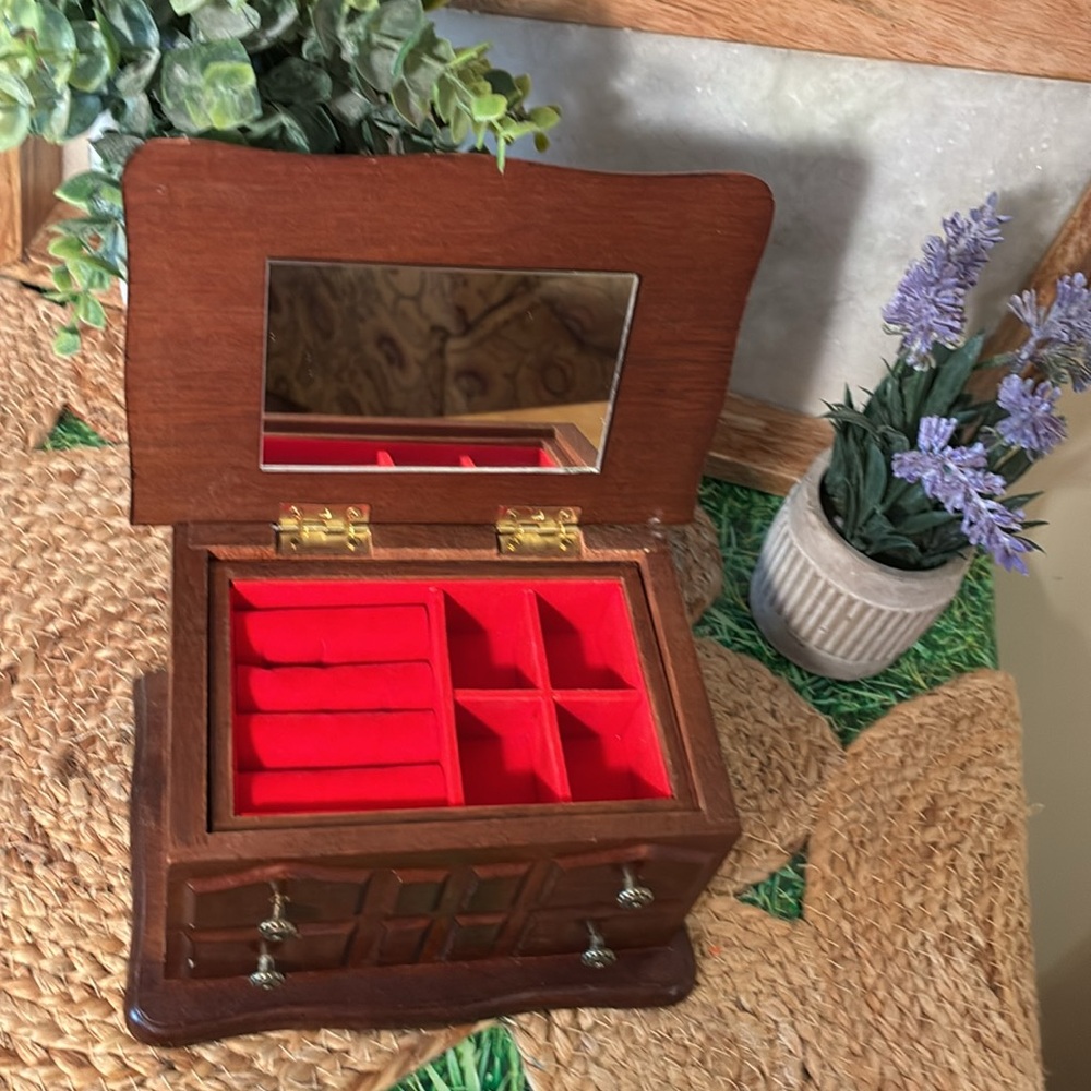 Elegant Wooden Jewelry Box with Red Interior and Secret Bottom Compartment